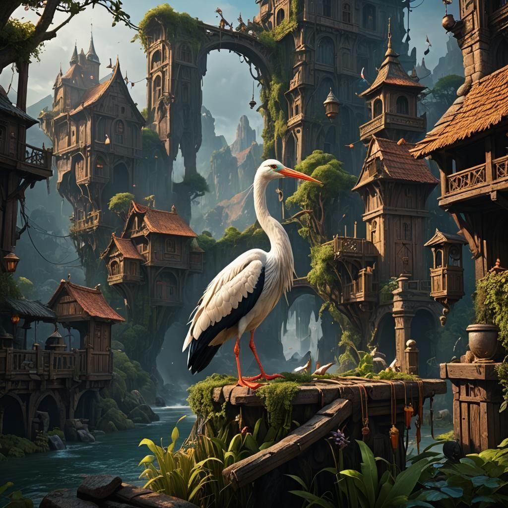 Fantastical Stork and Bundle in Detailed Matte Painting