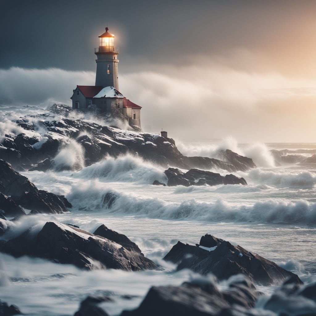Lighthouse on Snowy Coast in Golden Light