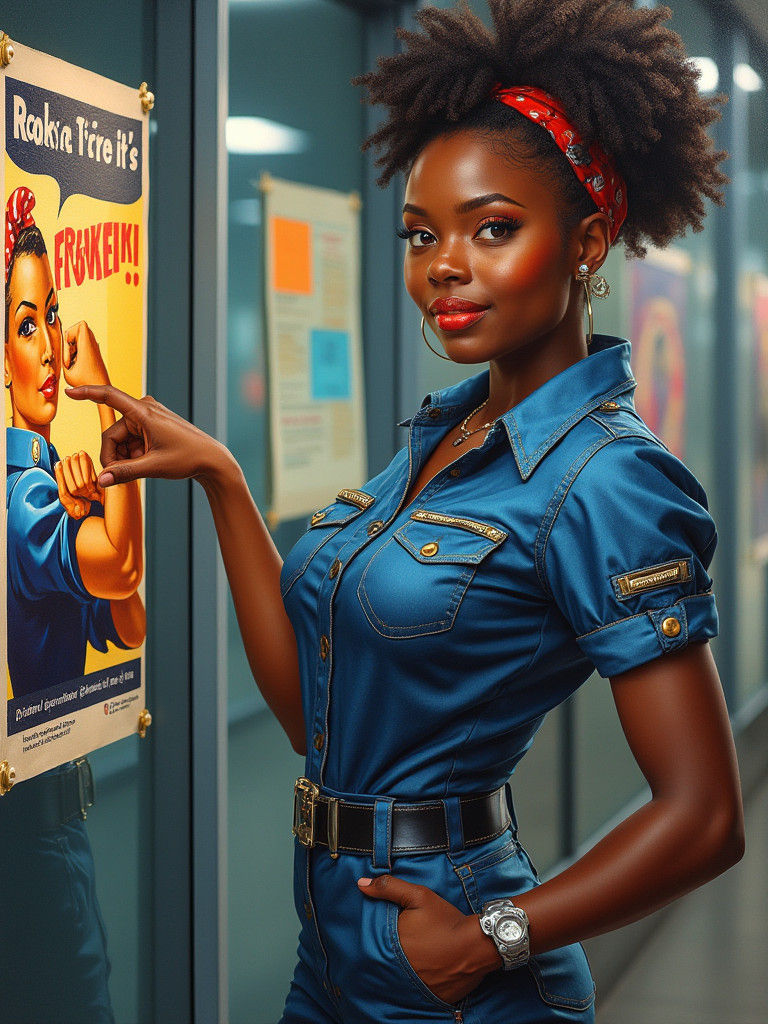 Futuristic African American Rosie the Riveter Oil Painting