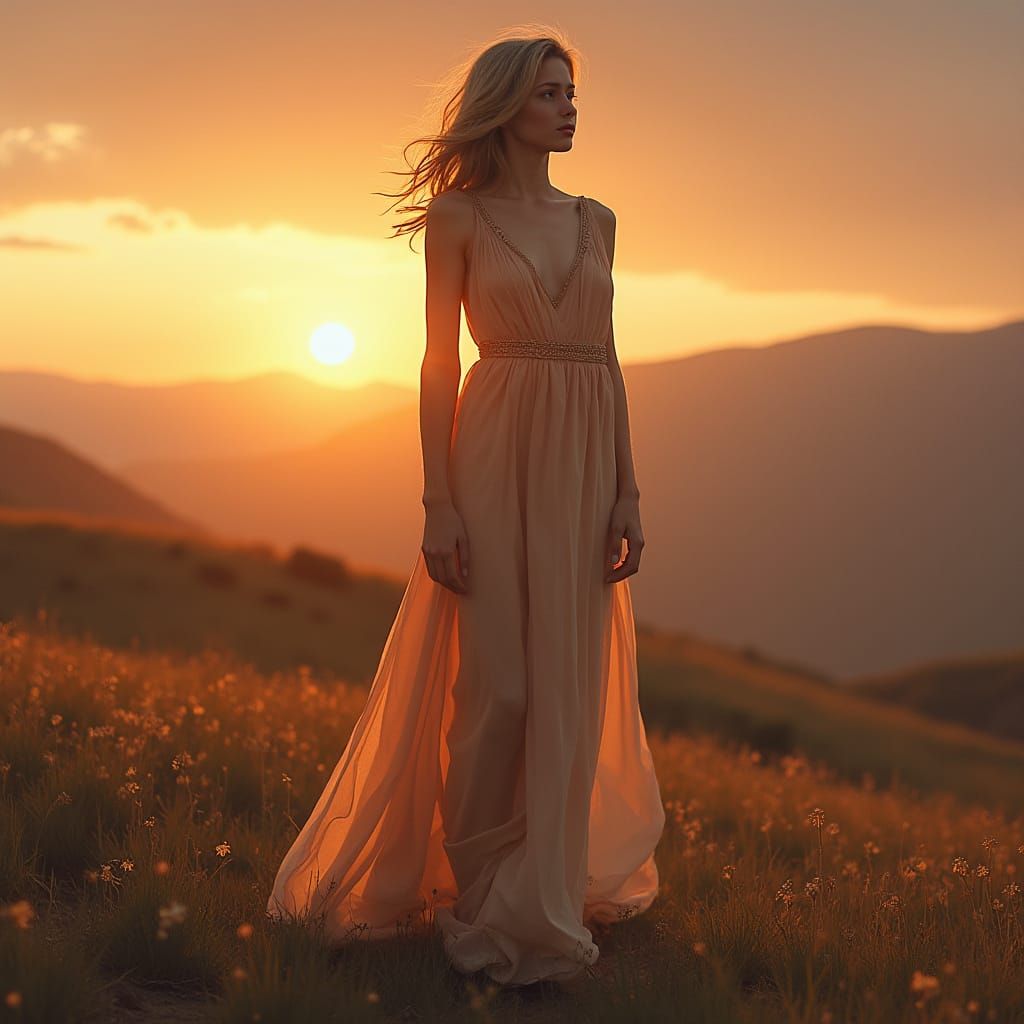 Dreamy Sunset Goddess in a Serene Landscape