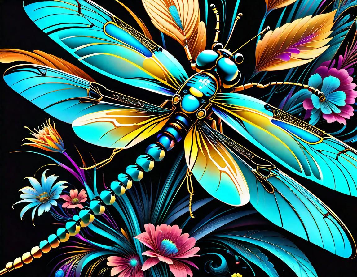 Cyberpunk Dragonfly: Floral Explosion in Teal and Amber