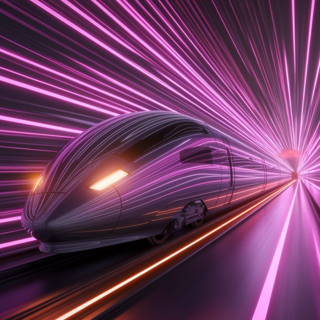 Sleek Futuristic Train Speeds Through Neon-Lit Tunnel