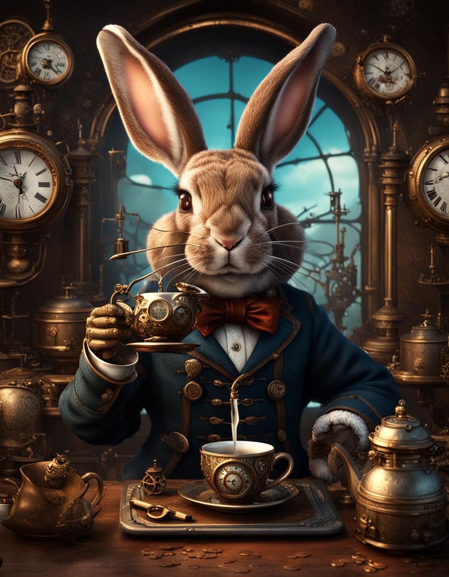 Steampunk Rabbit's Tea Time: Detailed Matte Painting