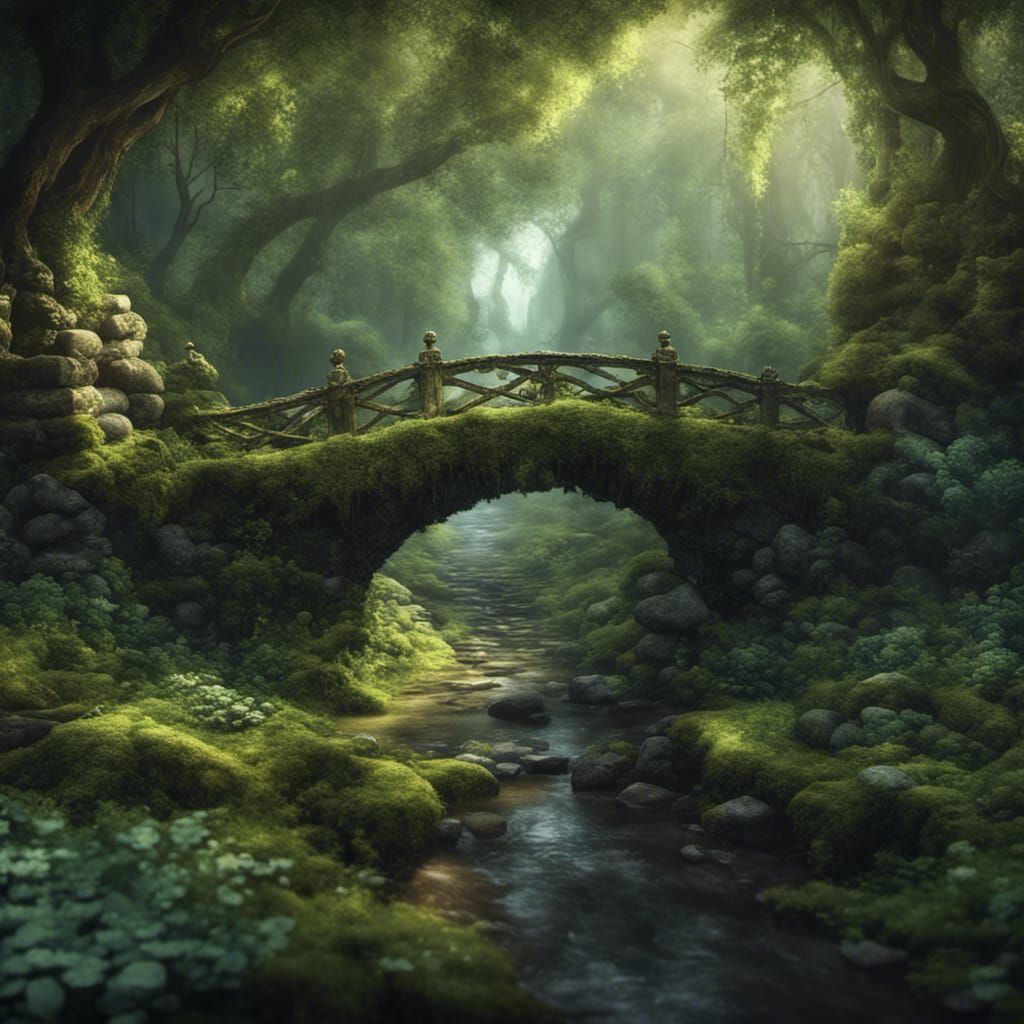 Majestic Stone Bridge in Forest, Alphonse Mucha Style