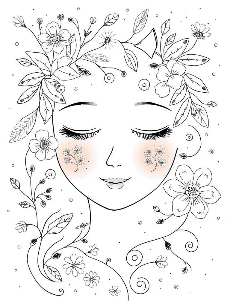 Dreamy Fine-Line Art: Serene Face with Flowers