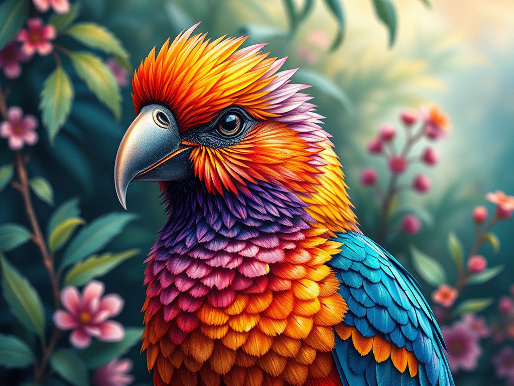 Vivid Bird Portrait with Iridescent Chrome Accents