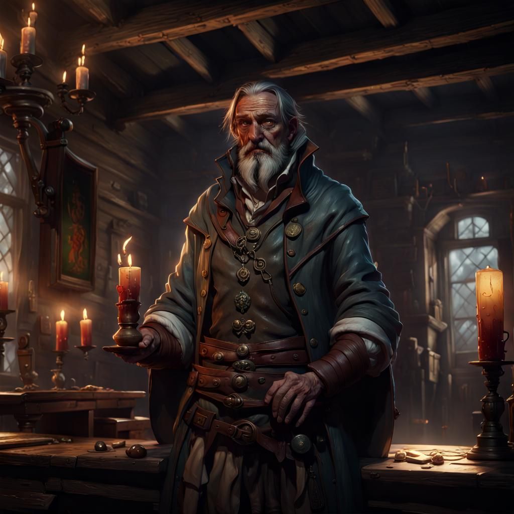 Melancholic Innkeeper in Forsaken Tavern: Dark Fantasy Art