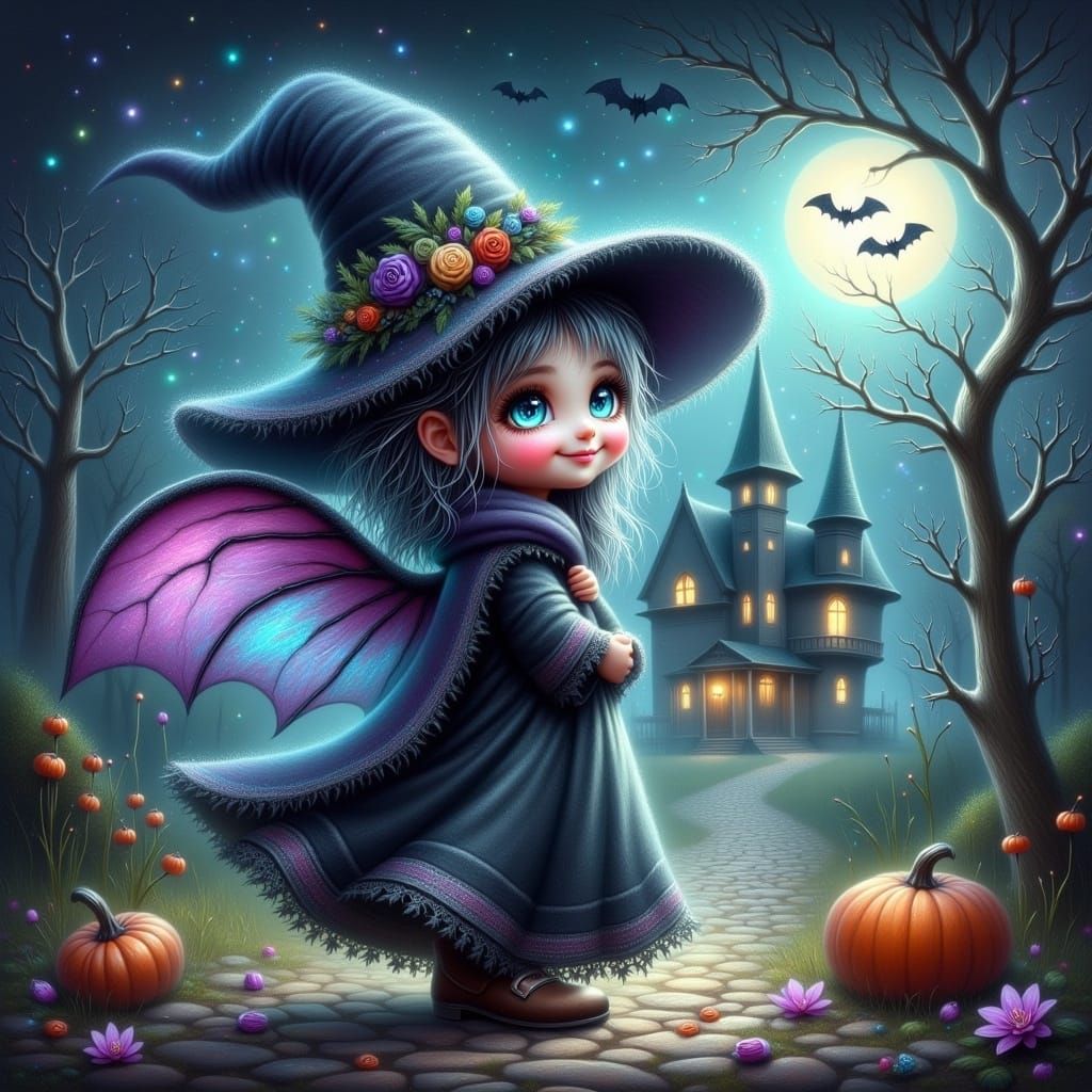 Whimsical Chalk Art Witch in Haunted Mansion