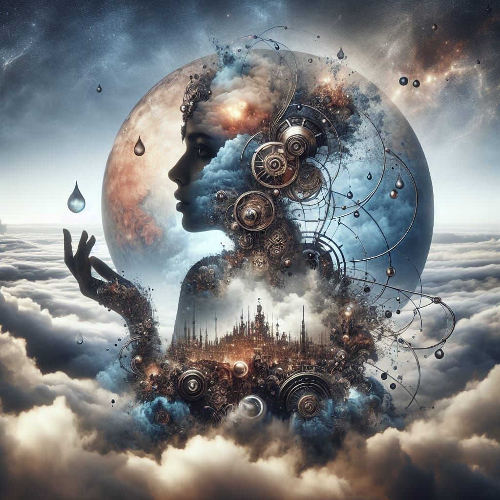 Steampunk Woman Between Material and Spiritual Planes