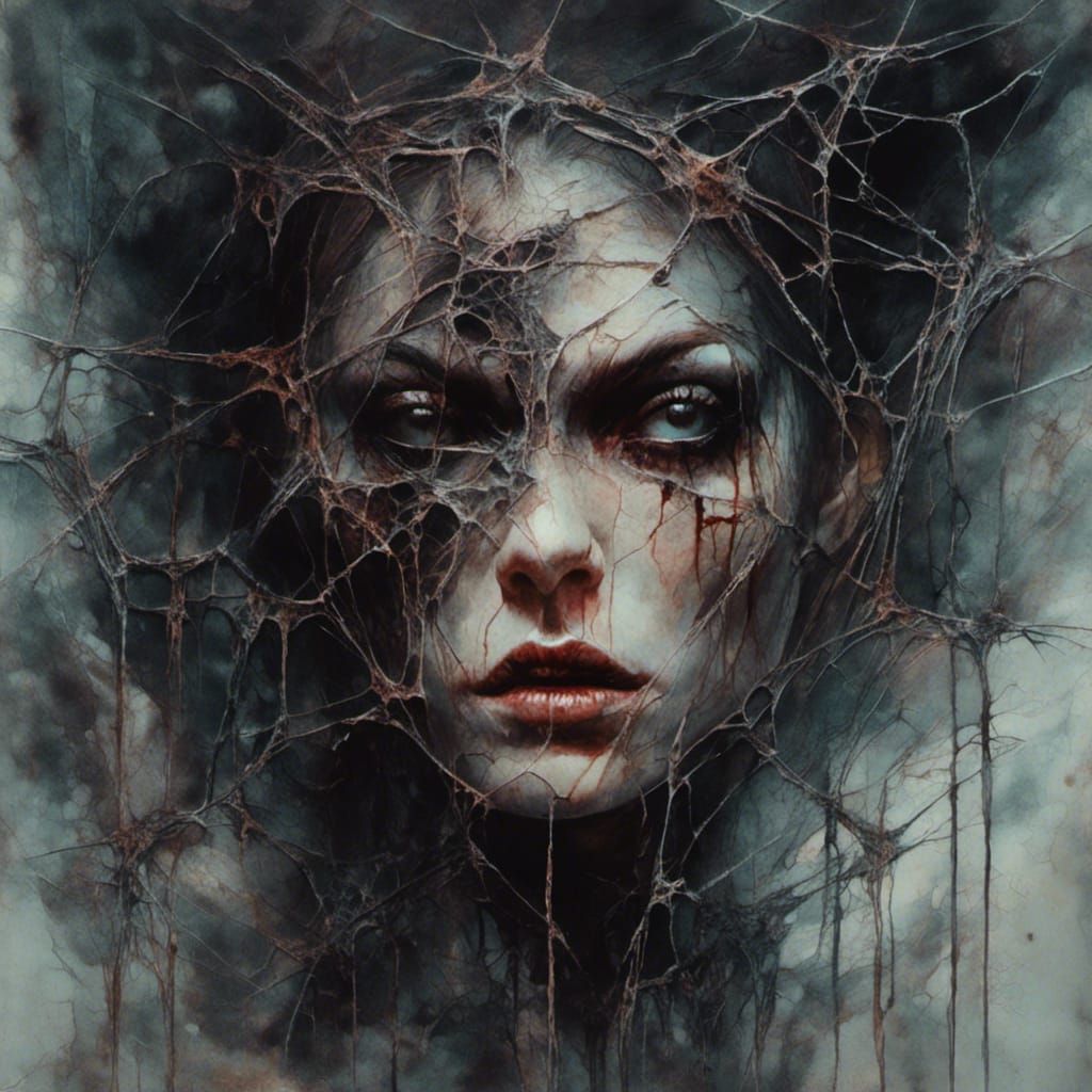 Angry Witch with Spider Web Tattoos in Surrealist Style