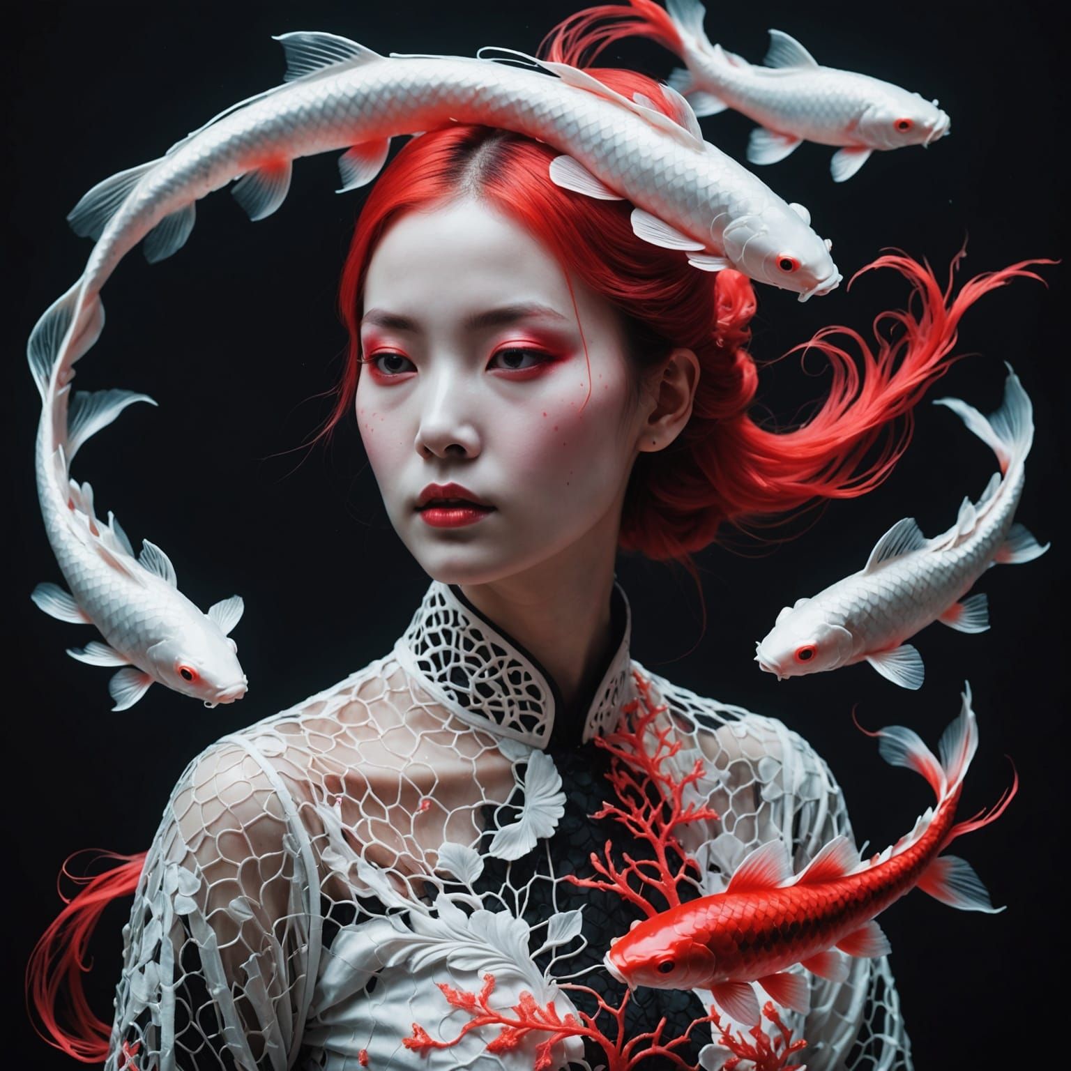 Glowing Portrait of a Woman Amidst a Lively Coral Reef