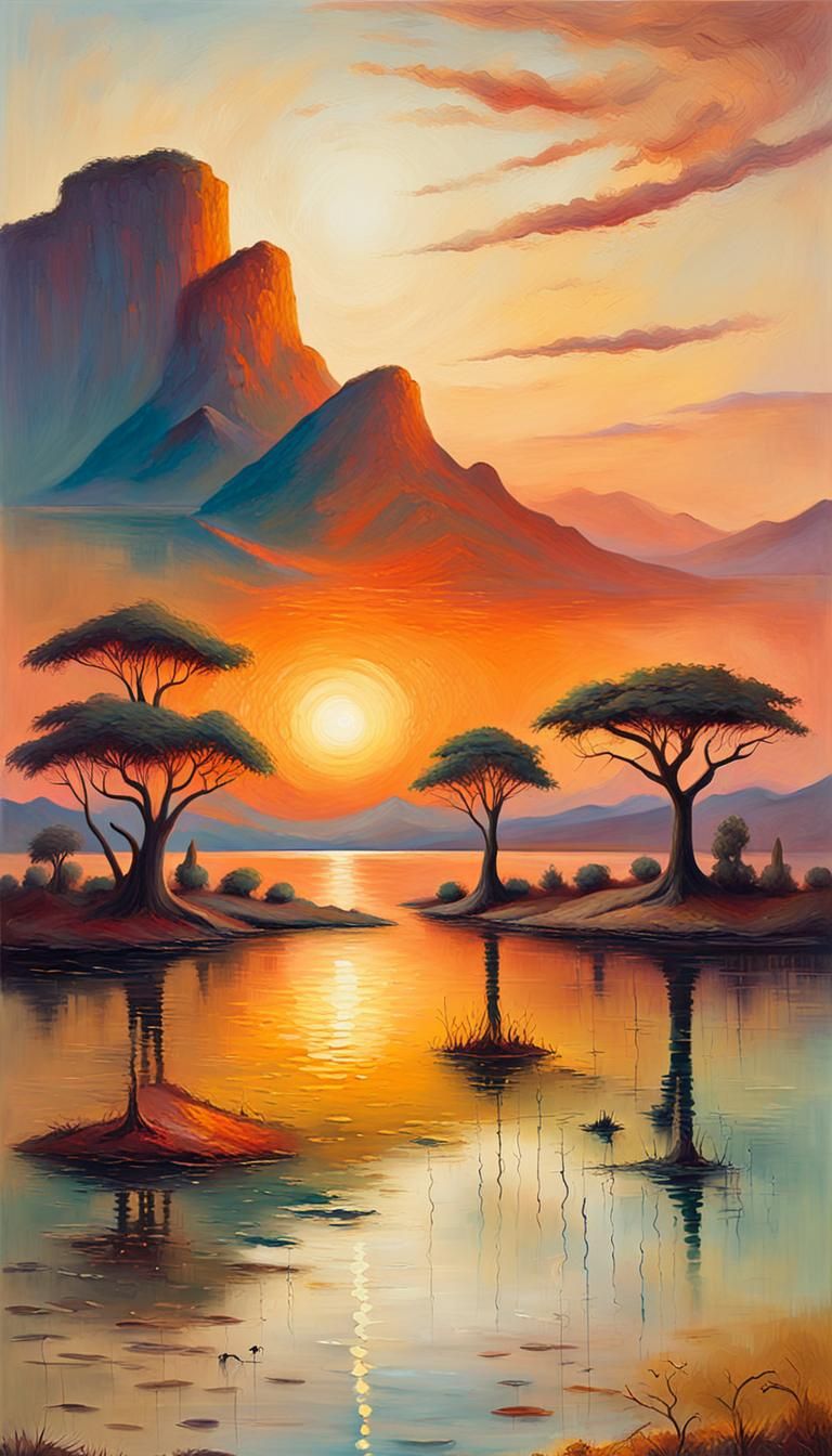 Surrealist landscape painting. A lone figure stands at the e...