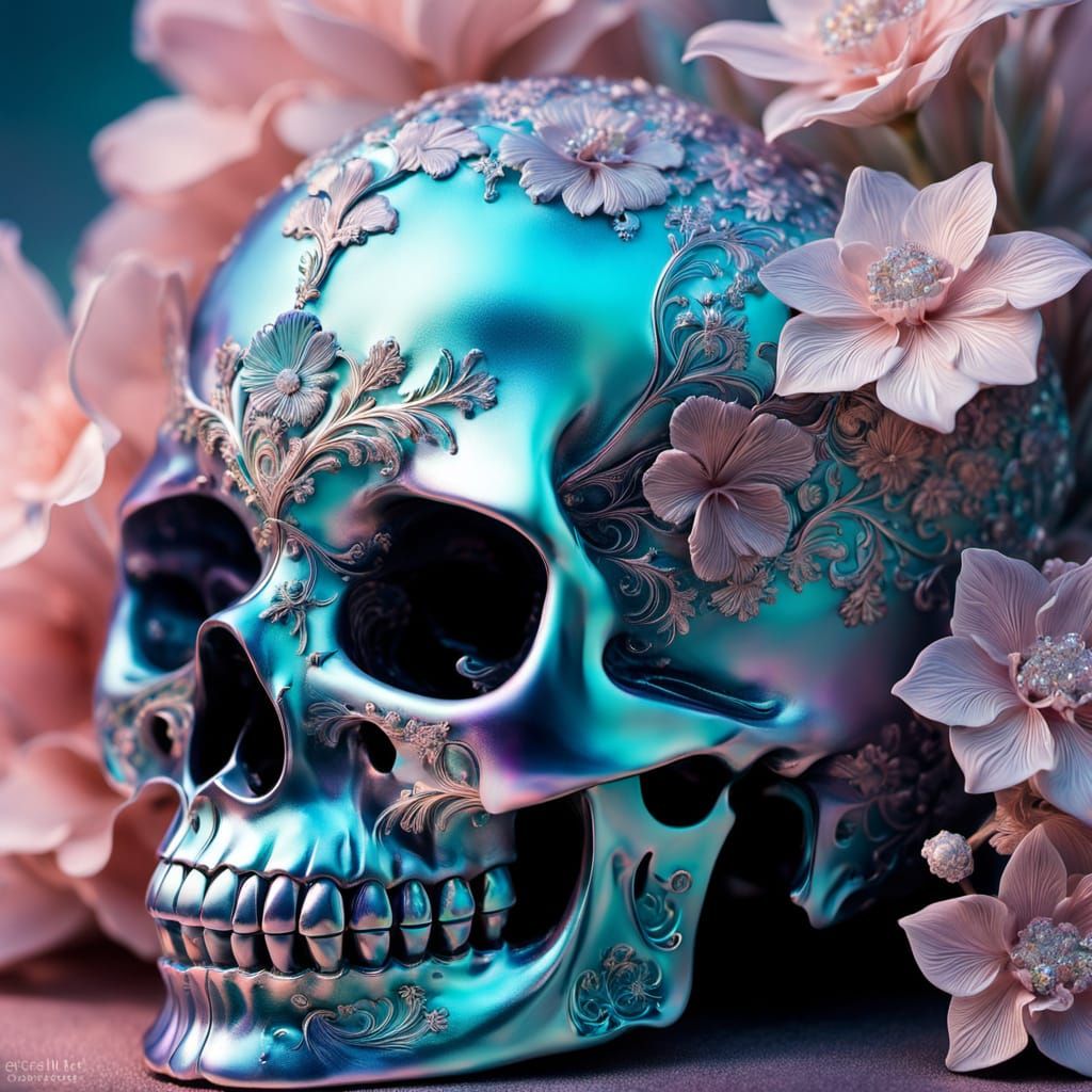 Floral Skull with Bismuth Crystals: Surreal Macro Photograph...