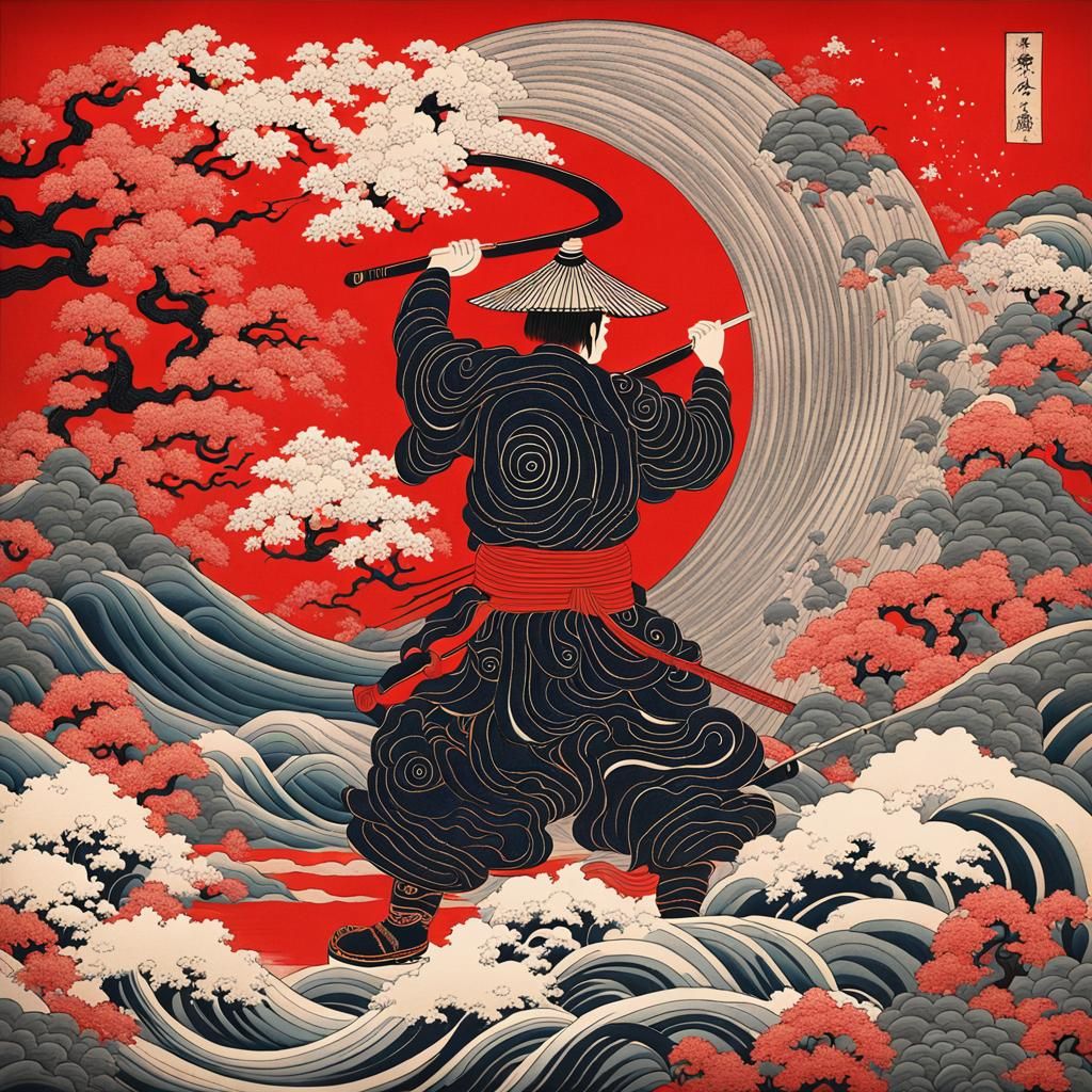 Japanese Warrior in Black and Red Ink Wash