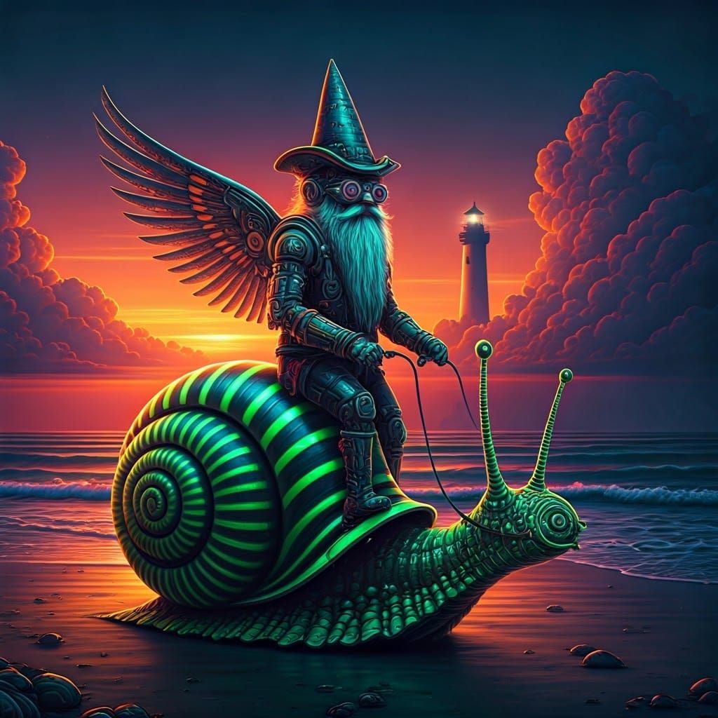 Giger-Inspired Gnome Rides Snail in Biomechanical Concept Ar...