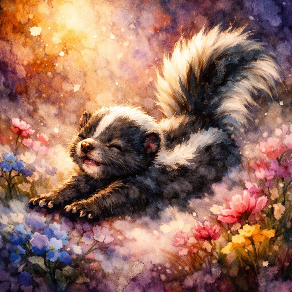 Baby Skunk Portrait in Moody Watercolor Style