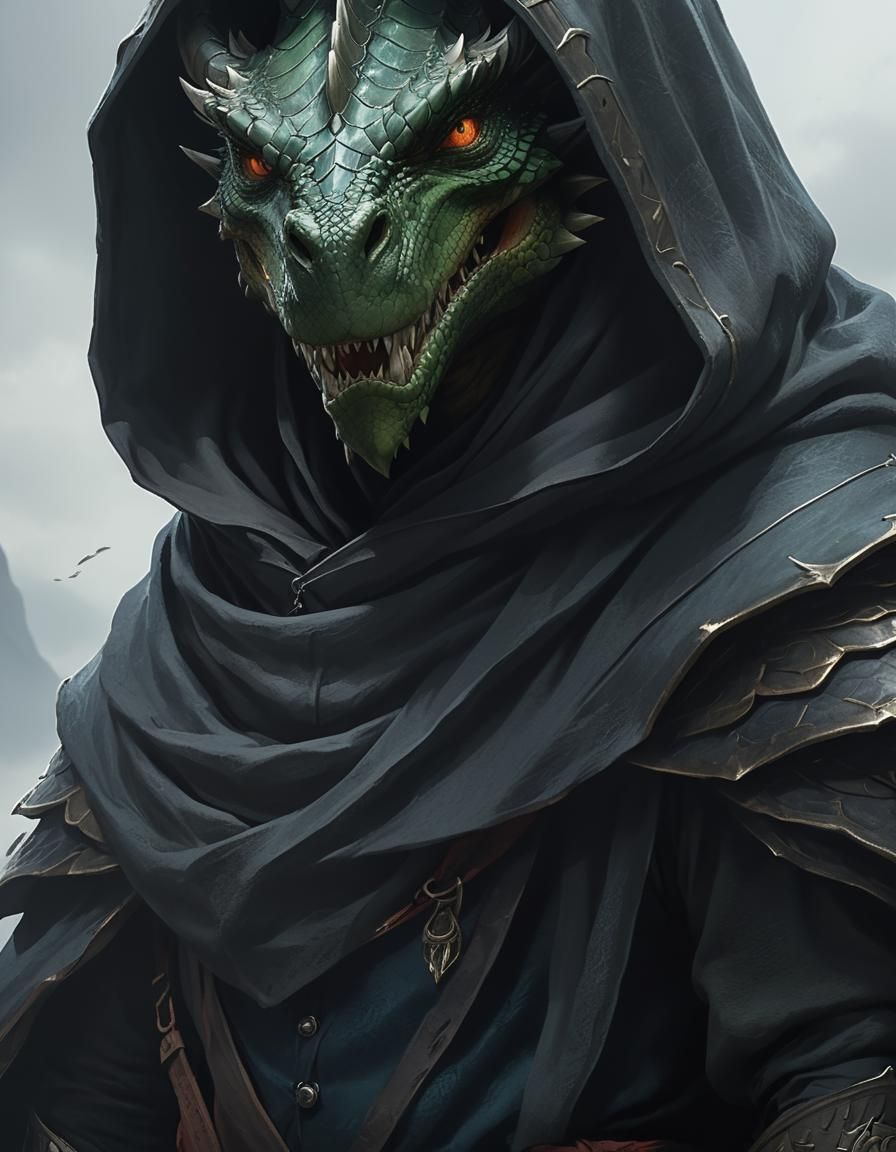 Enigmatic Dragonborn Character in Shadowy Cloak