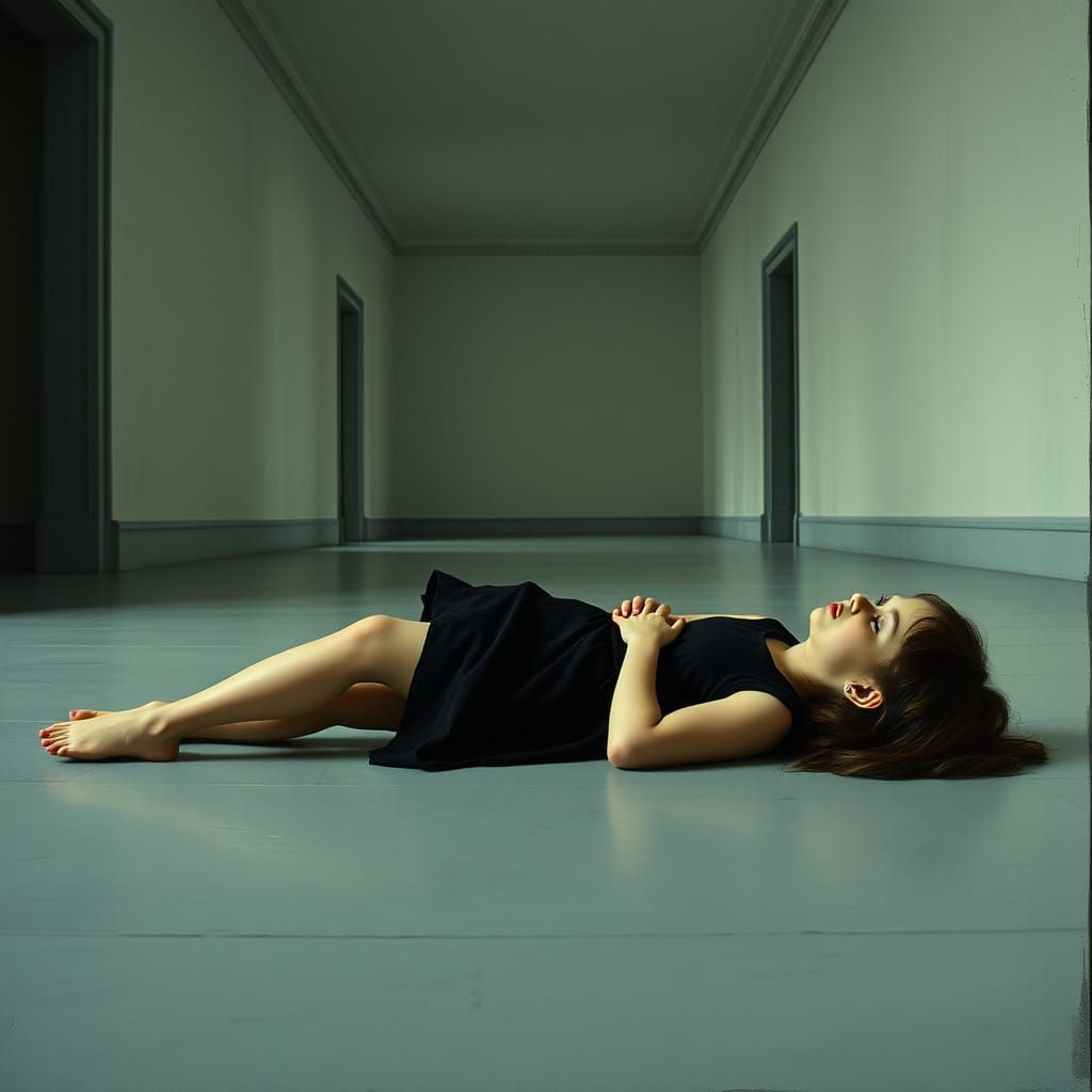 Girl Experiencing Seizure in Abstract Cubist Hall