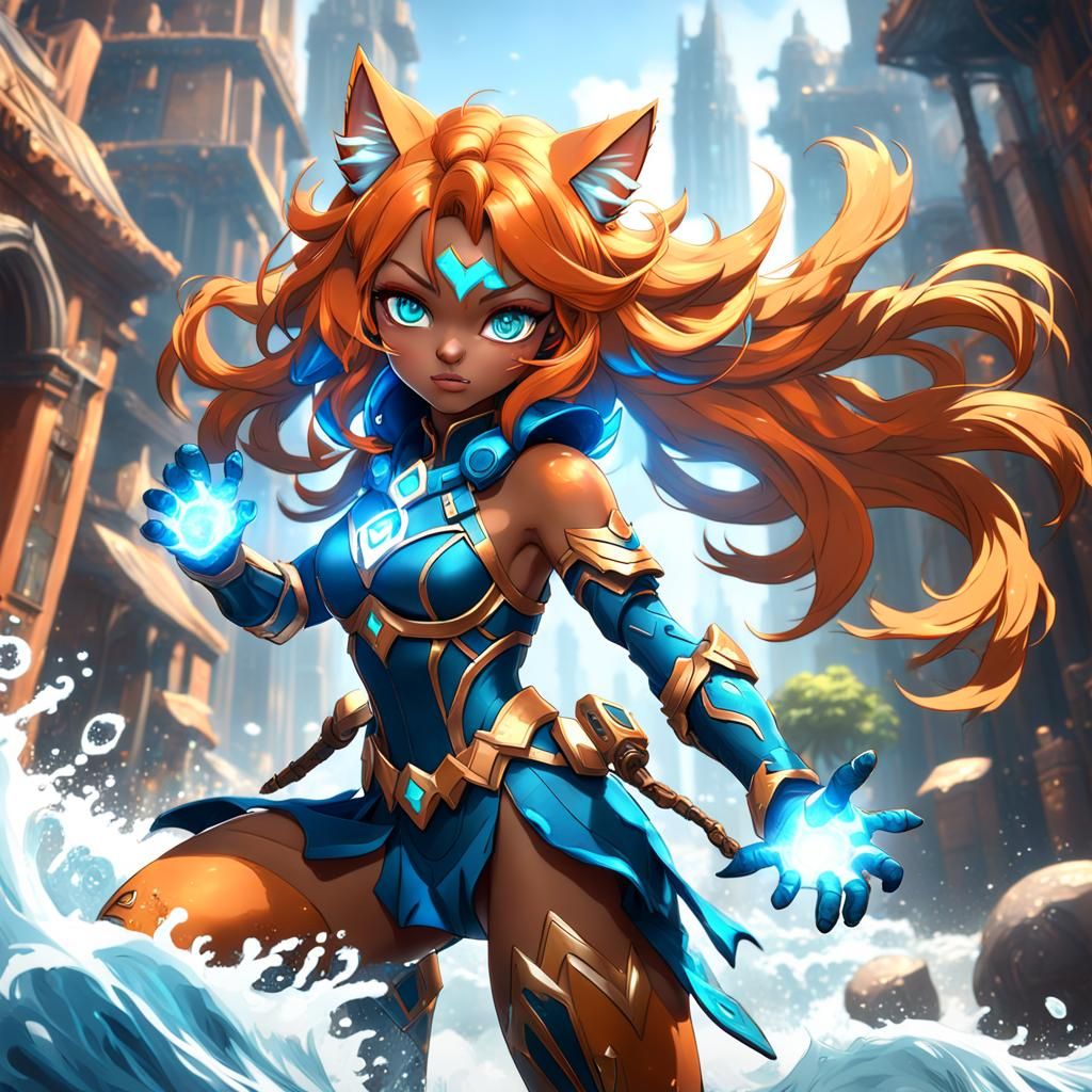Catgirl Superheroine with Blue Powers, Detailed Digital Art