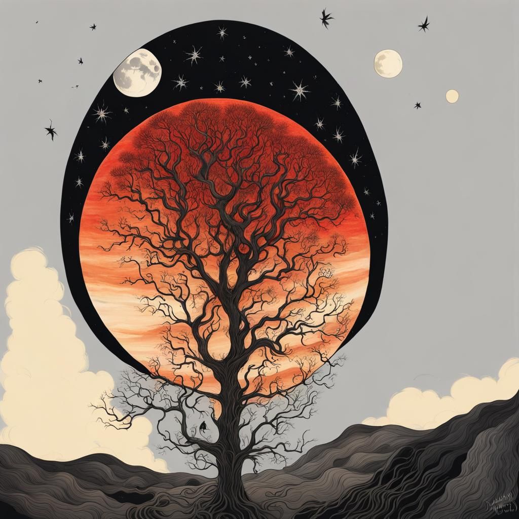 The Moon Tarot Card in Gothic Watercolor Style