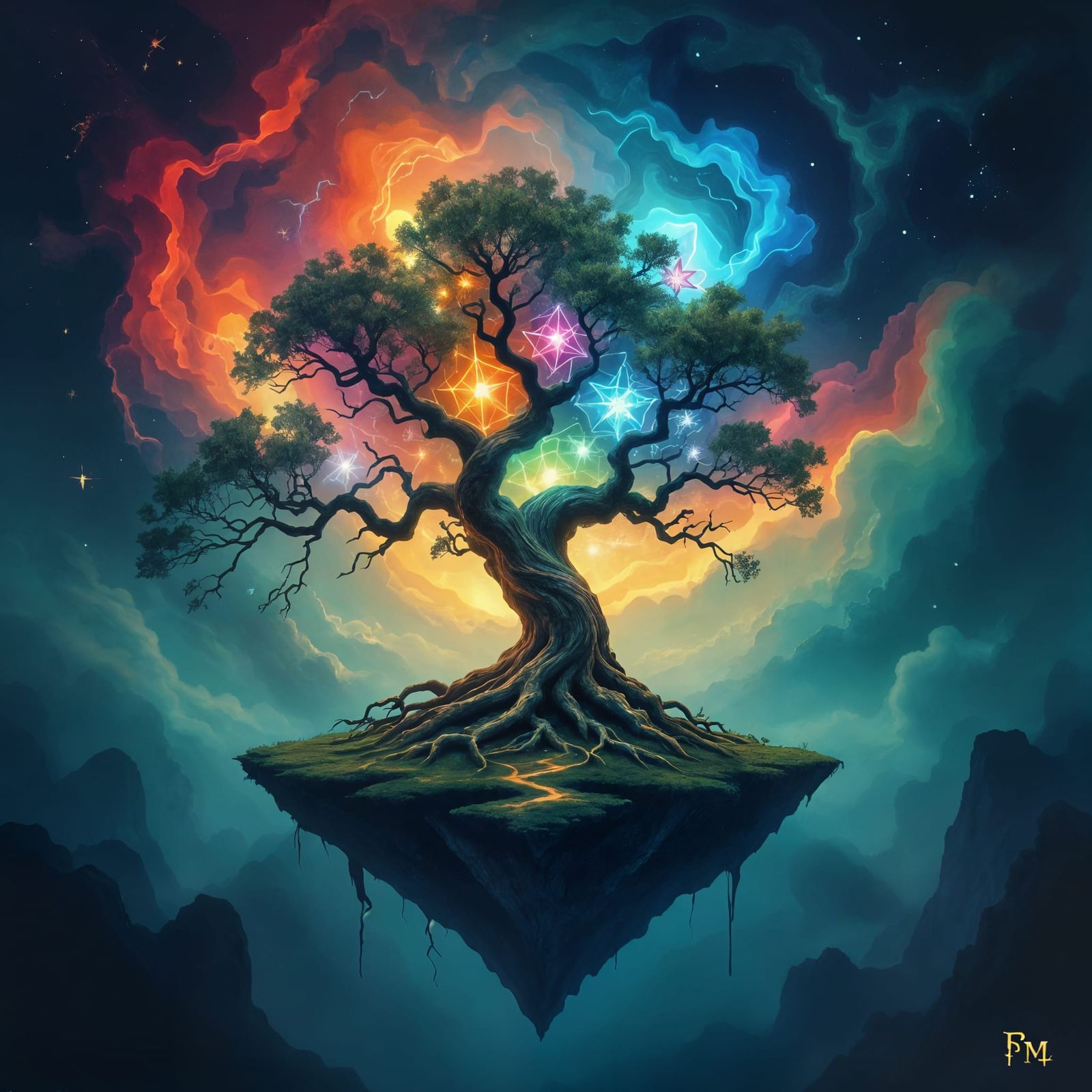 Ancient Tree on Floating Island with Glowing Roots