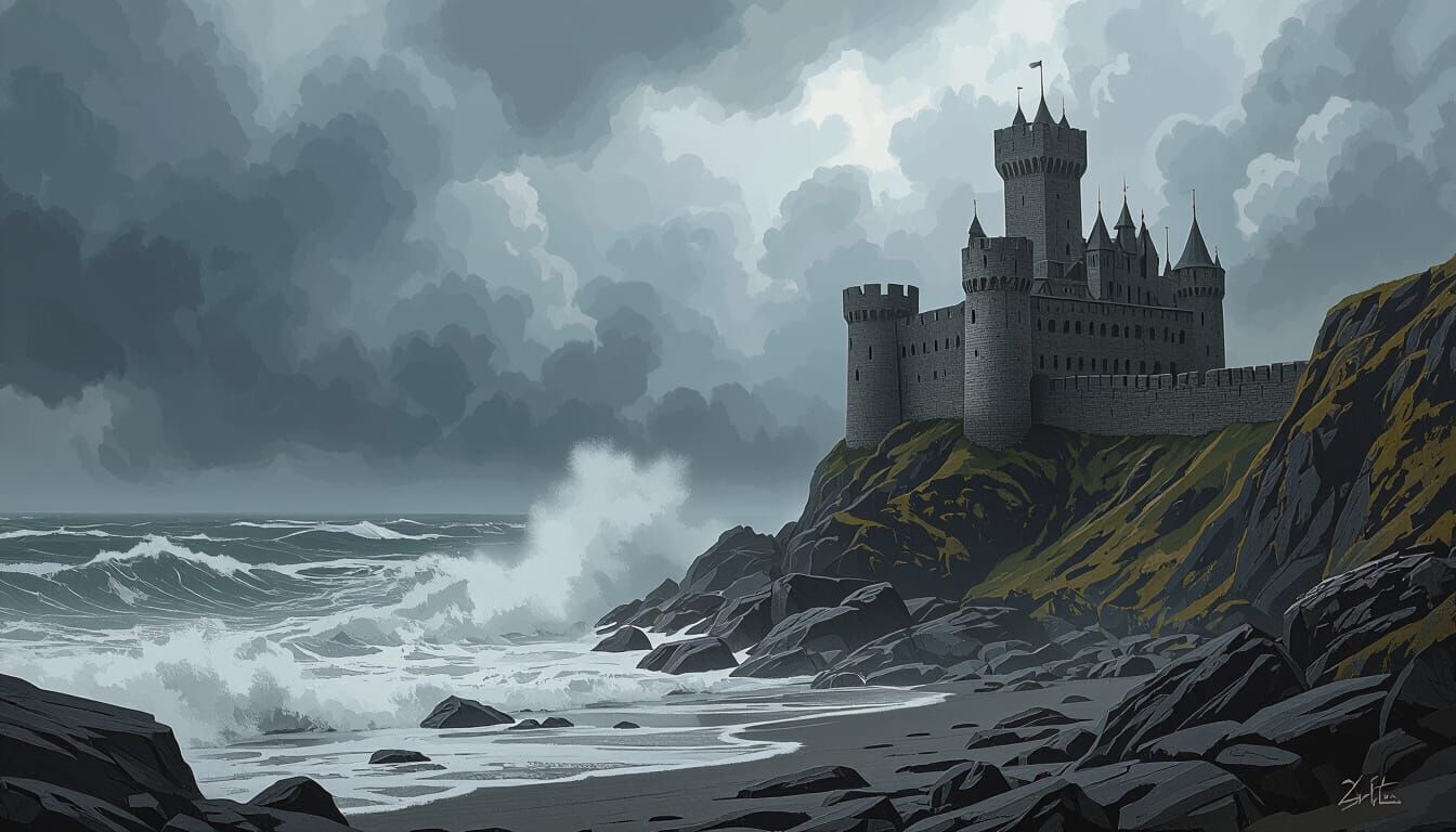 Brooding Medieval Castle Above Stormy Gray Sea