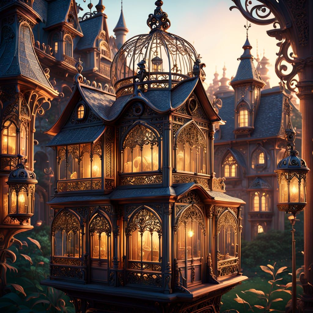 Fairytale Cottage in Giant Ornate Birdcage with Golden Light