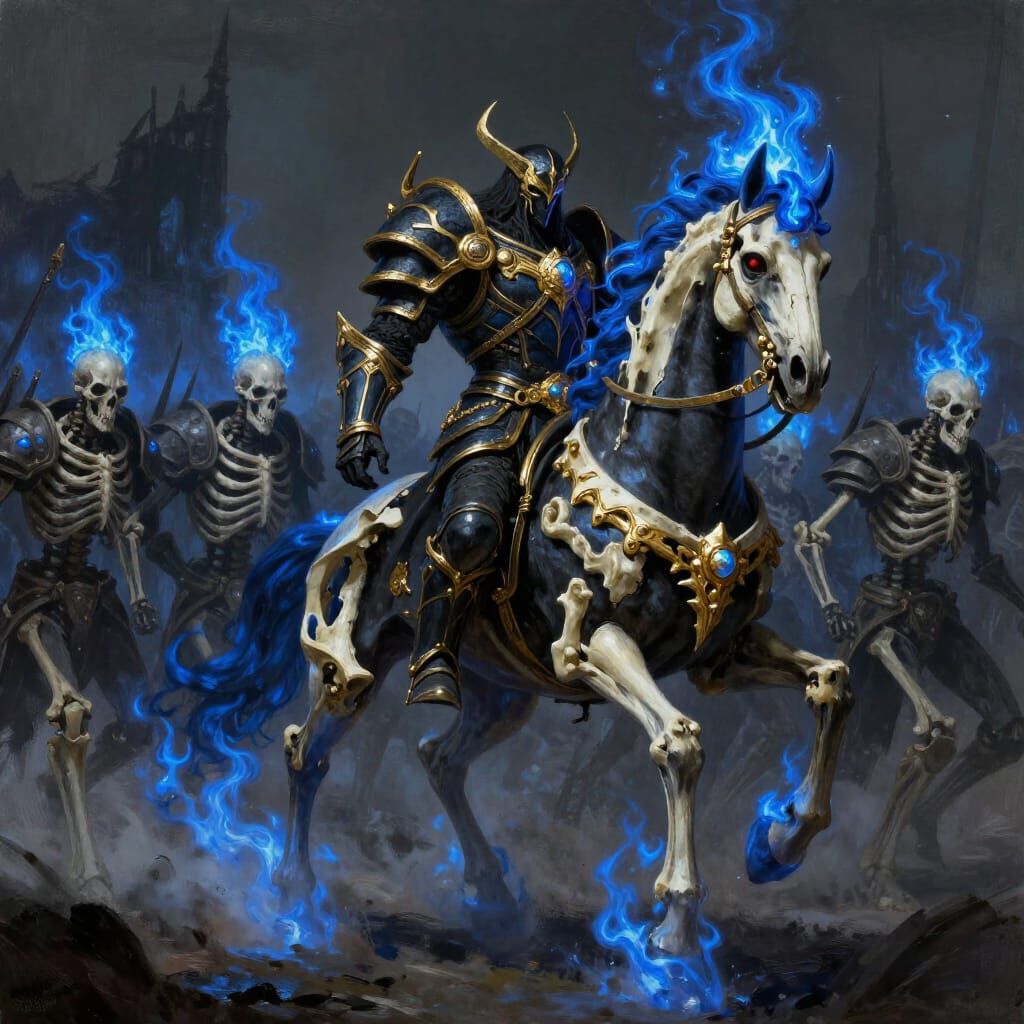Dark Fantasy Knight on Skeletal Horse with Blue Flames