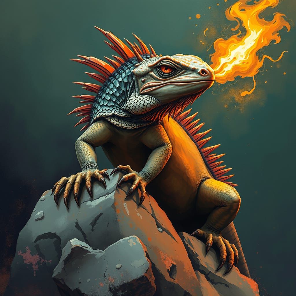 Ancient Lizard Unleashes Fiery Fury in Dreamlike Illustratio...