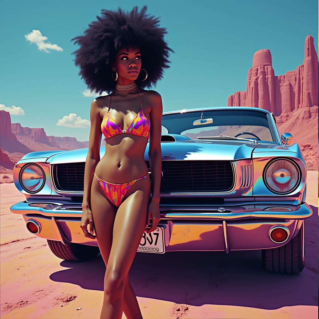 Psychedelic Chrome Goddess Amidst Melting Glass and Neon Hue...