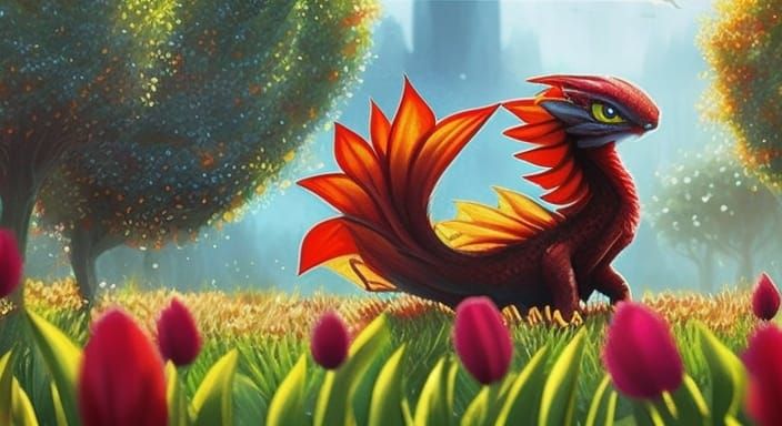 Cute Red Dragon in Wildflowers: Hyperrealistic Concept Art