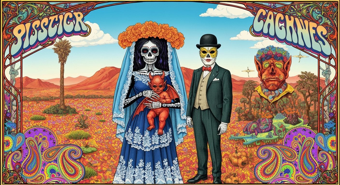 Catrina with Devil Baby and Masked Man in Surreal Landscape