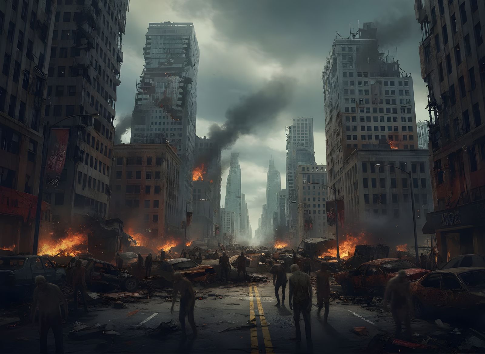 Zombie Apocalypse Cityscape with Destroyed Buildings and Bur...
