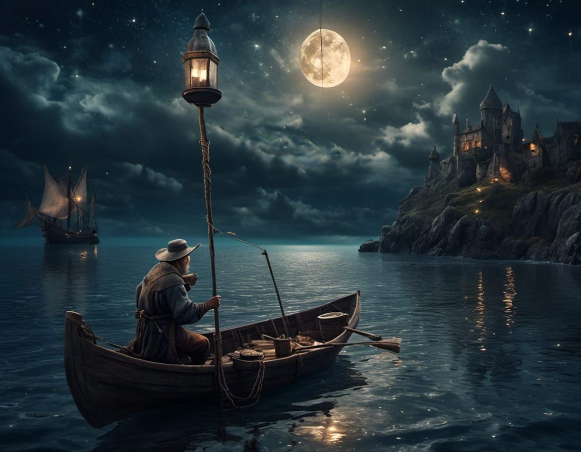 Medieval Man Night Fishing at Sea