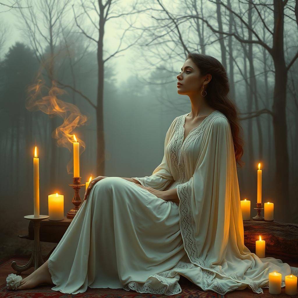 Mystical Woman Meditating in Forest at Dusk