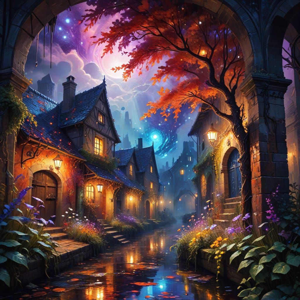 Misty Garden with Glowing Flowers and Medieval Village