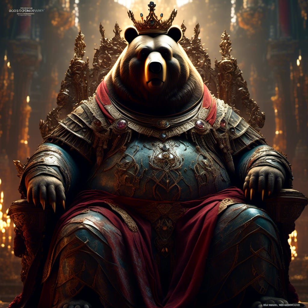 Armored Bear King on Throne: Detailed Matte Painting