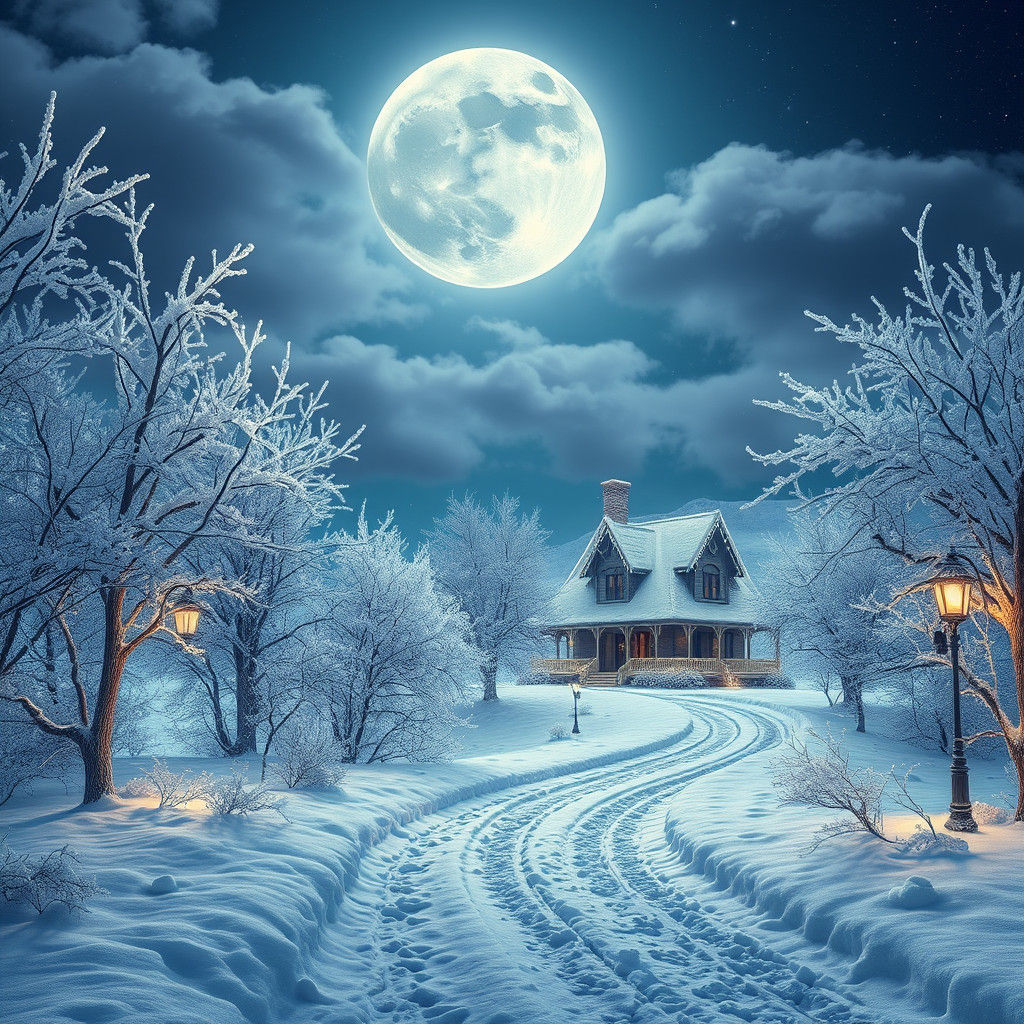 Snowy Victorian House in Moonlit Winter Landscape