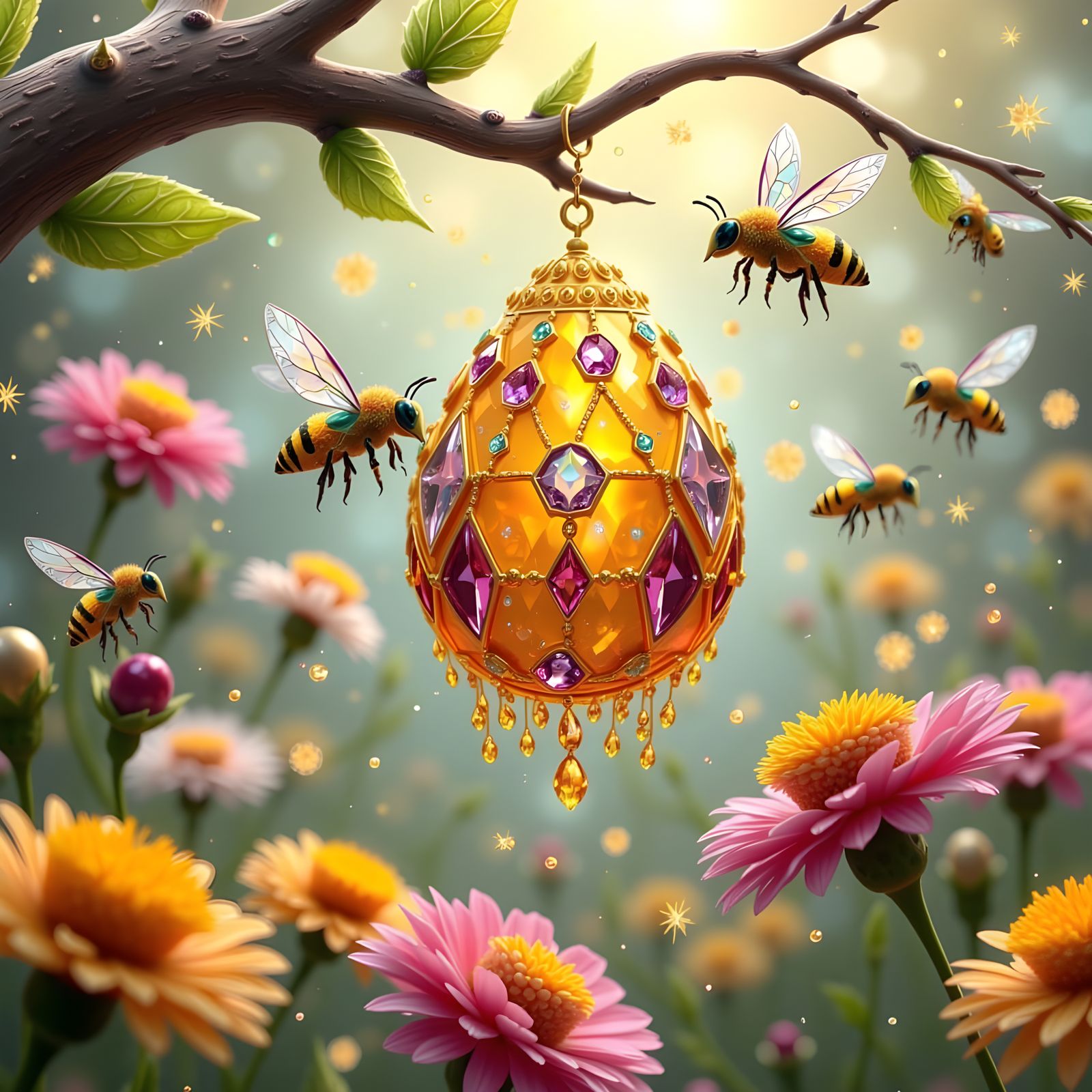 Whimsical Crystal Bees in a Vibrant Meadow