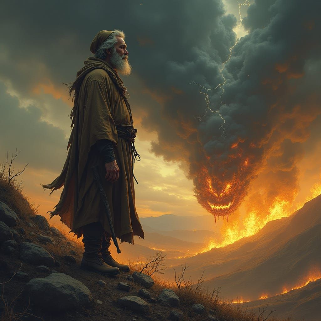 Weathered Rabbi Stands Against Apocalyptic Flames in a Dark,...
