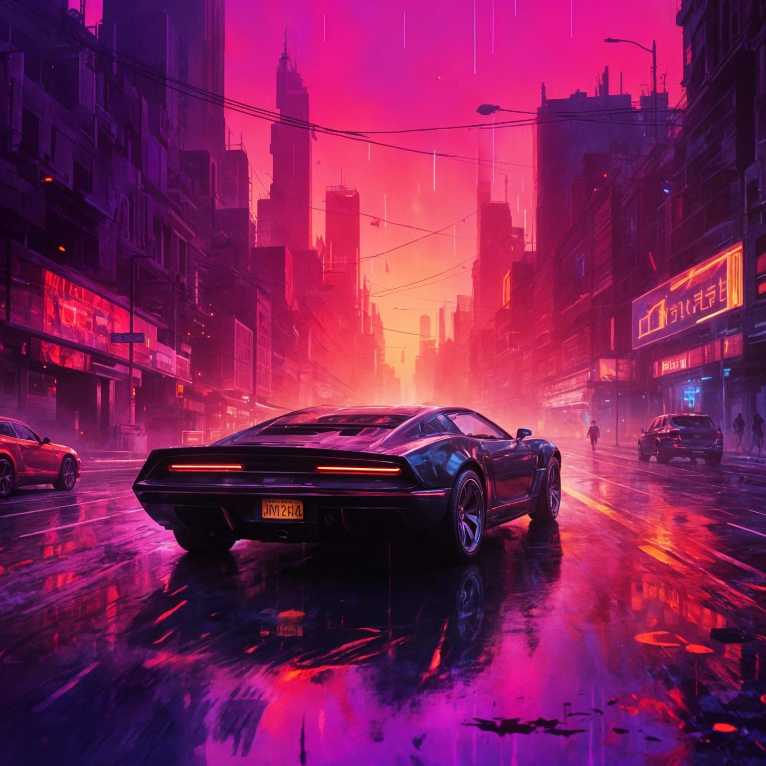 Retro-Futuristic Sports Car Drives into Neon Sunset