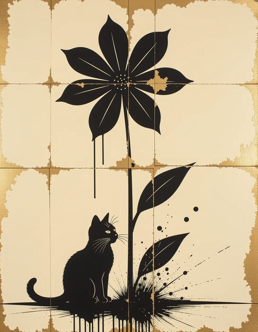 Cat Under Flower in Film Noir Aesthetic