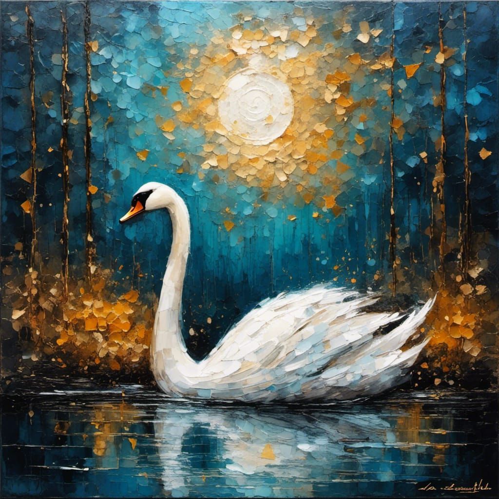 Swan on Foggy Pond: Impasto Oil Painting