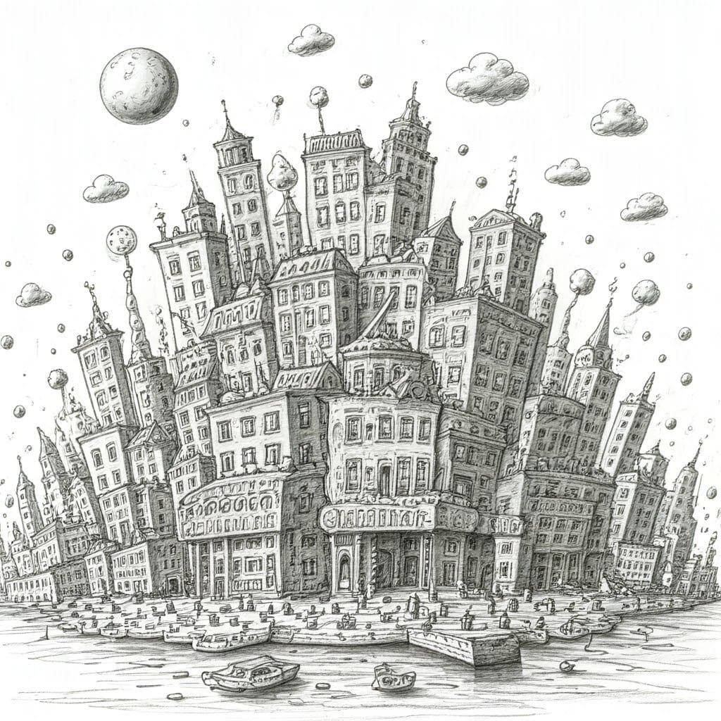 Hyperdetailed Charcoal Drawing of a Doodle City