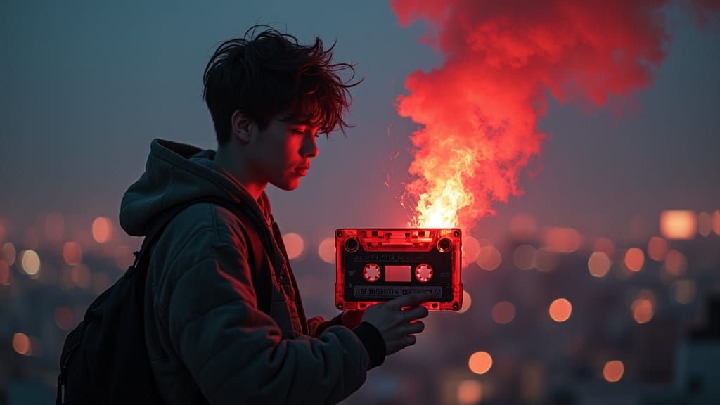 Teenage Boy on Rooftop with Broken Cassette Tape and Burning...