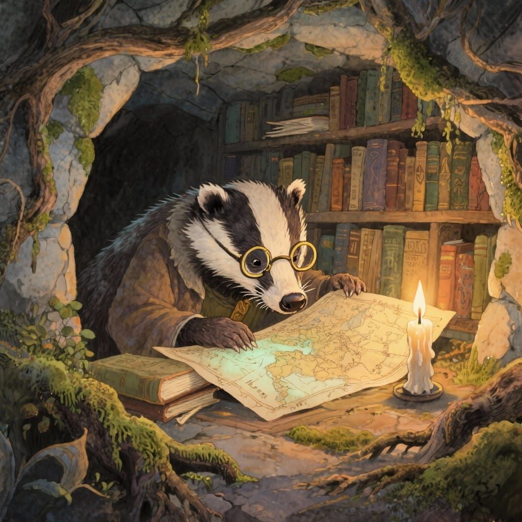 Wise Badger Studies Glowing Map in Bookish Den