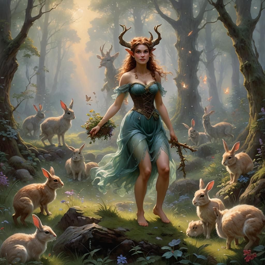 Female Satyr with Rabbits in Ethereal Woods