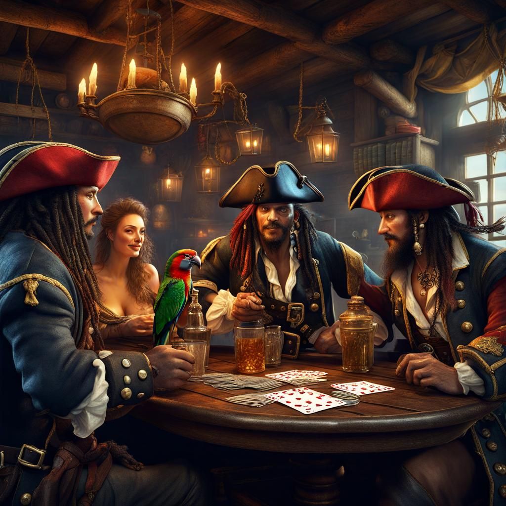 Pirates Playing Cards in Hyperrealistic Tavern Scene
