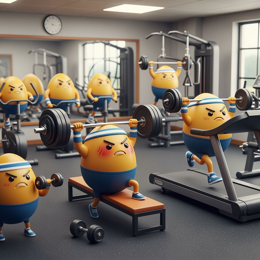 Anthropomorphic Eggs Intense Workout at Modern Gym