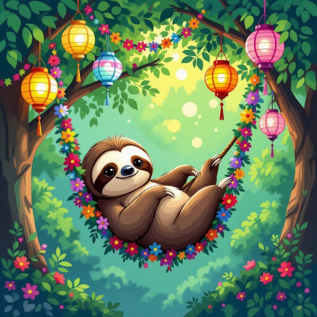 Whimsical Sloth in Festive Lanterns, Dreamy Art Style